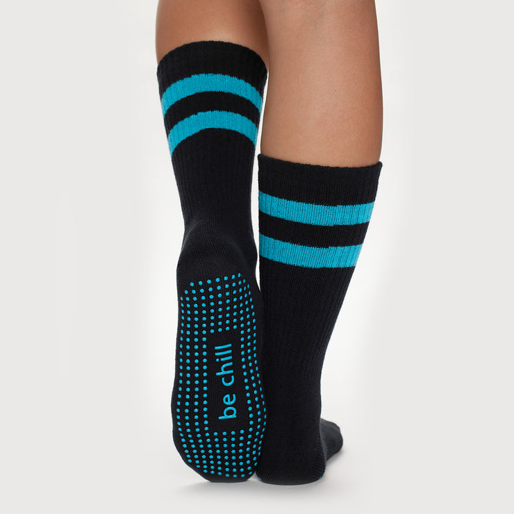 crew be chill grip socks black/turquoise, sticky be socks, best grip socks, best grippy socks, best yoga socks, best pilates socks